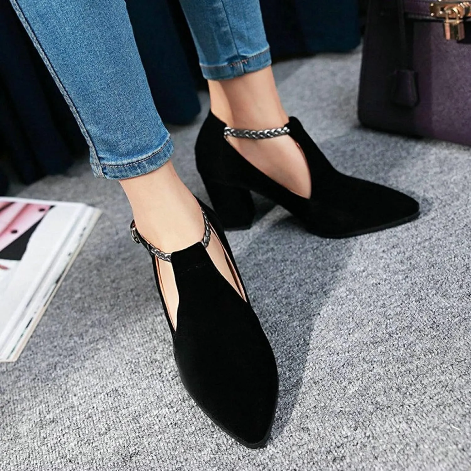 Women's Pointed Toe Fashion Pumps Suede Buckle Strap Cut Out Korean Block High Heel Dress Shoes