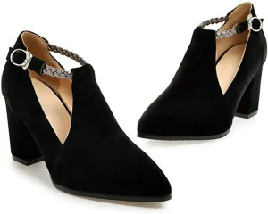 Women's Pointed Toe Fashion Pumps Suede Buckle Strap Cut Out Korean Block High Heel Dress Shoes