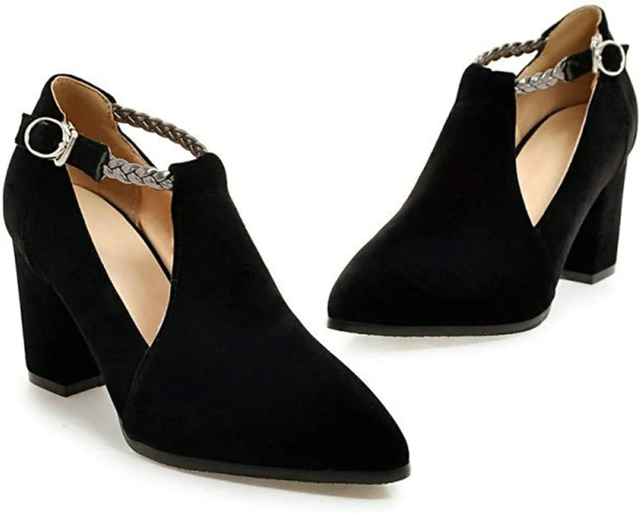 Women's Pointed Toe Fashion Pumps Suede Buckle Strap Cut Out Korean Block High Heel Dress Shoes