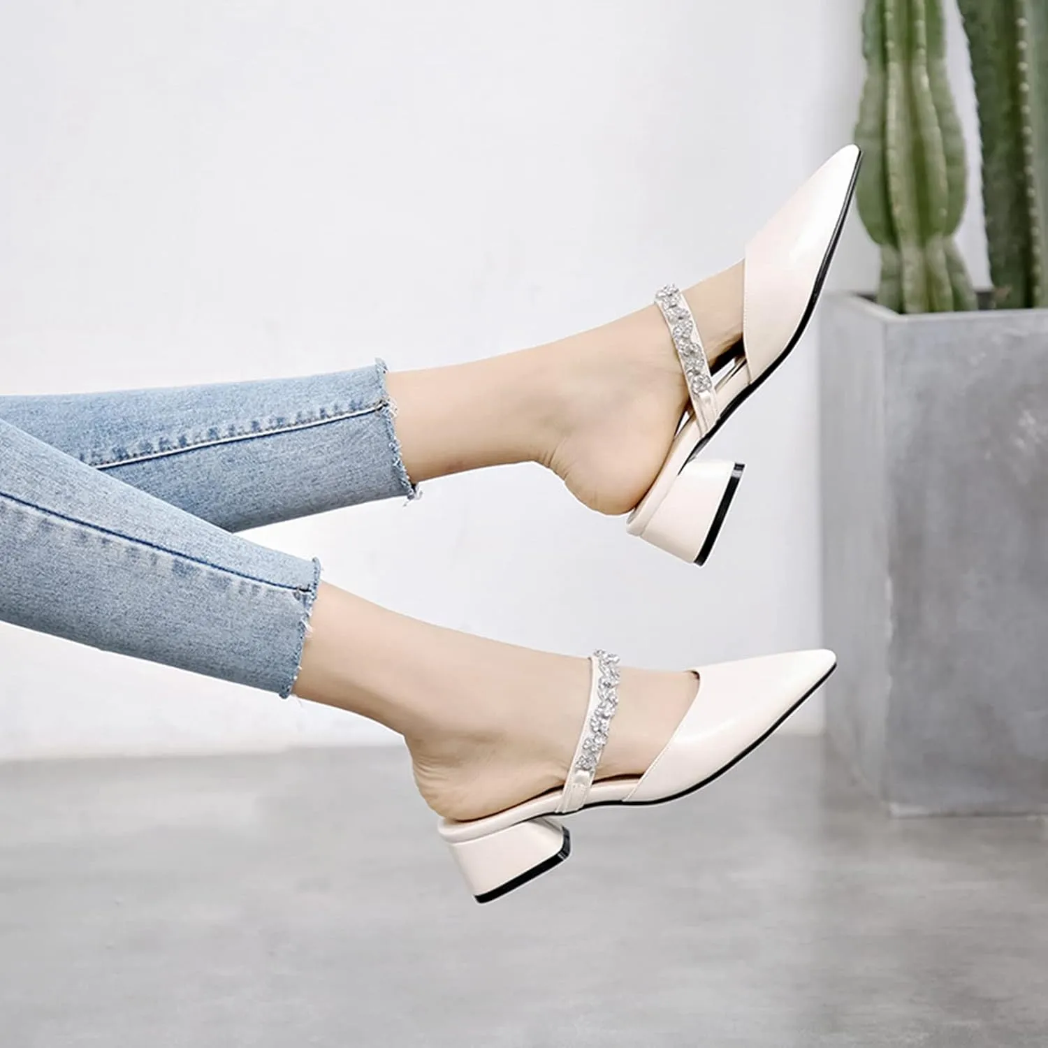 Women's Rhinestone Strap Mules Slide Sandals Pointed Toe Chunky Mid Heel Backless Dress Slipper Shoes