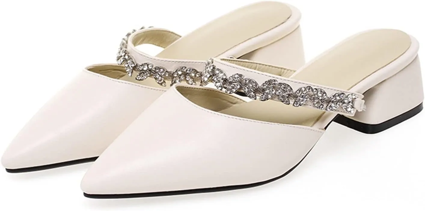 Women's Rhinestone Strap Mules Slide Sandals Pointed Toe Chunky Mid Heel Backless Dress Slipper Shoes