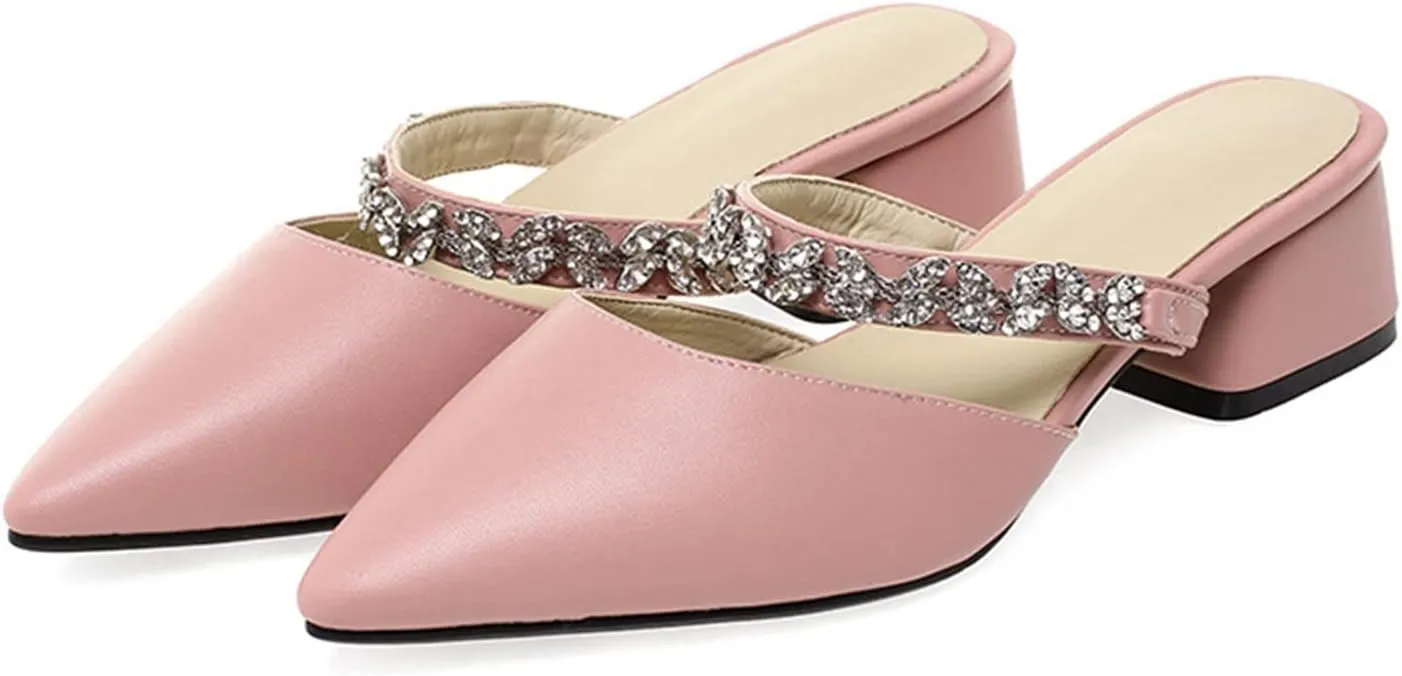 Women's Rhinestone Strap Mules Slide Sandals Pointed Toe Chunky Mid Heel Backless Dress Slipper Shoes