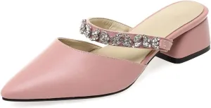 Women's Rhinestone Strap Mules Slide Sandals Pointed Toe Chunky Mid Heel Backless Dress Slipper Shoes