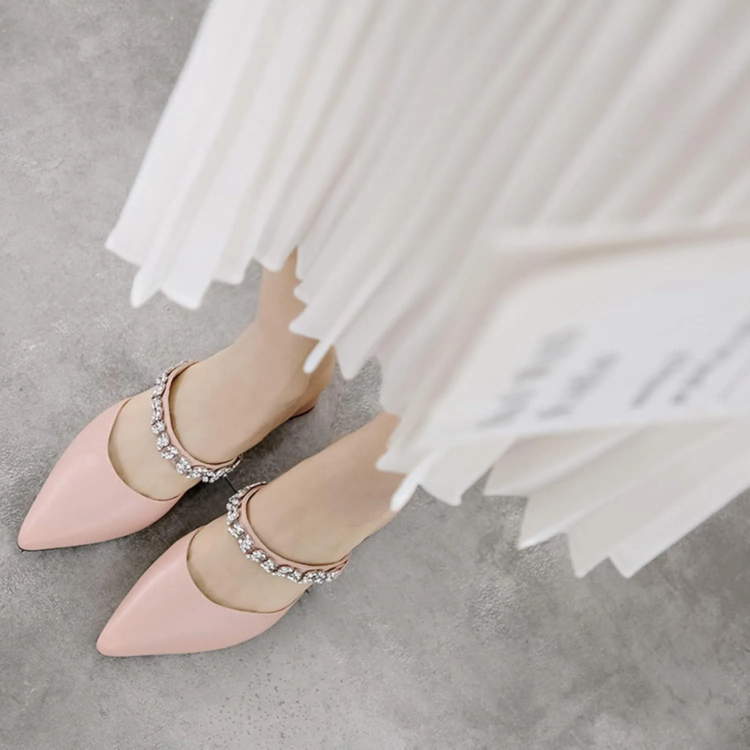 Women's Rhinestone Strap Mules Slide Sandals Pointed Toe Chunky Mid Heel Backless Dress Slipper Shoes