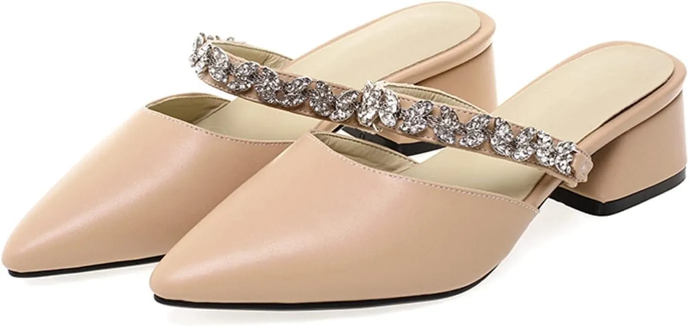 Women's Rhinestone Strap Mules Slide Sandals Pointed Toe Chunky Mid Heel Backless Dress Slipper Shoes