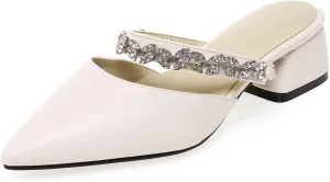 Women's Rhinestone Strap Mules Slide Sandals Pointed Toe Chunky Mid Heel Backless Dress Slipper Shoes