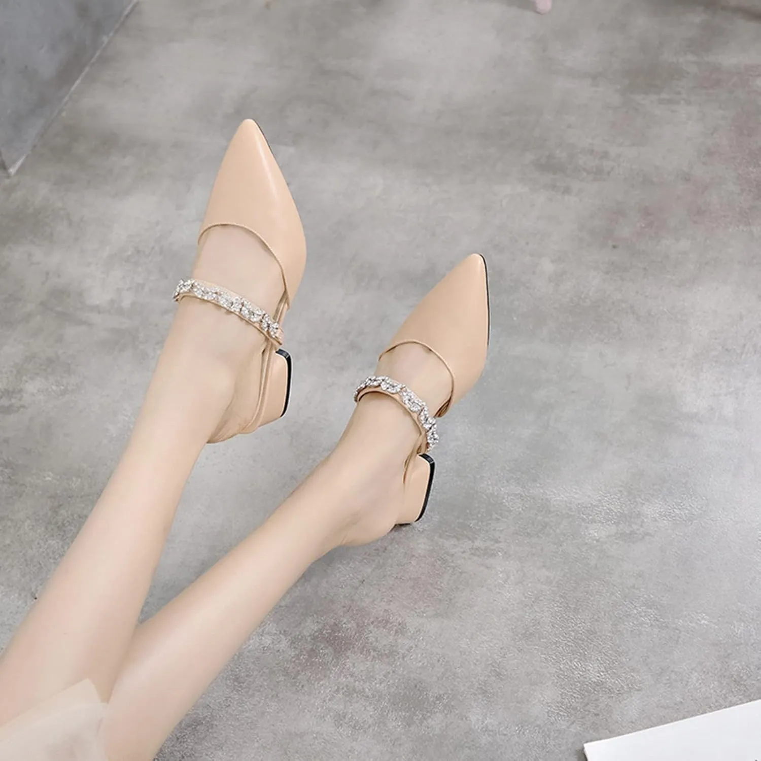 Women's Rhinestone Strap Mules Slide Sandals Pointed Toe Chunky Mid Heel Backless Dress Slipper Shoes