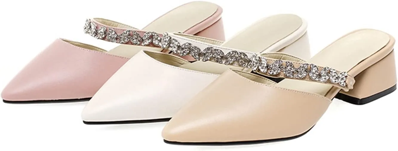 Women's Rhinestone Strap Mules Slide Sandals Pointed Toe Chunky Mid Heel Backless Dress Slipper Shoes