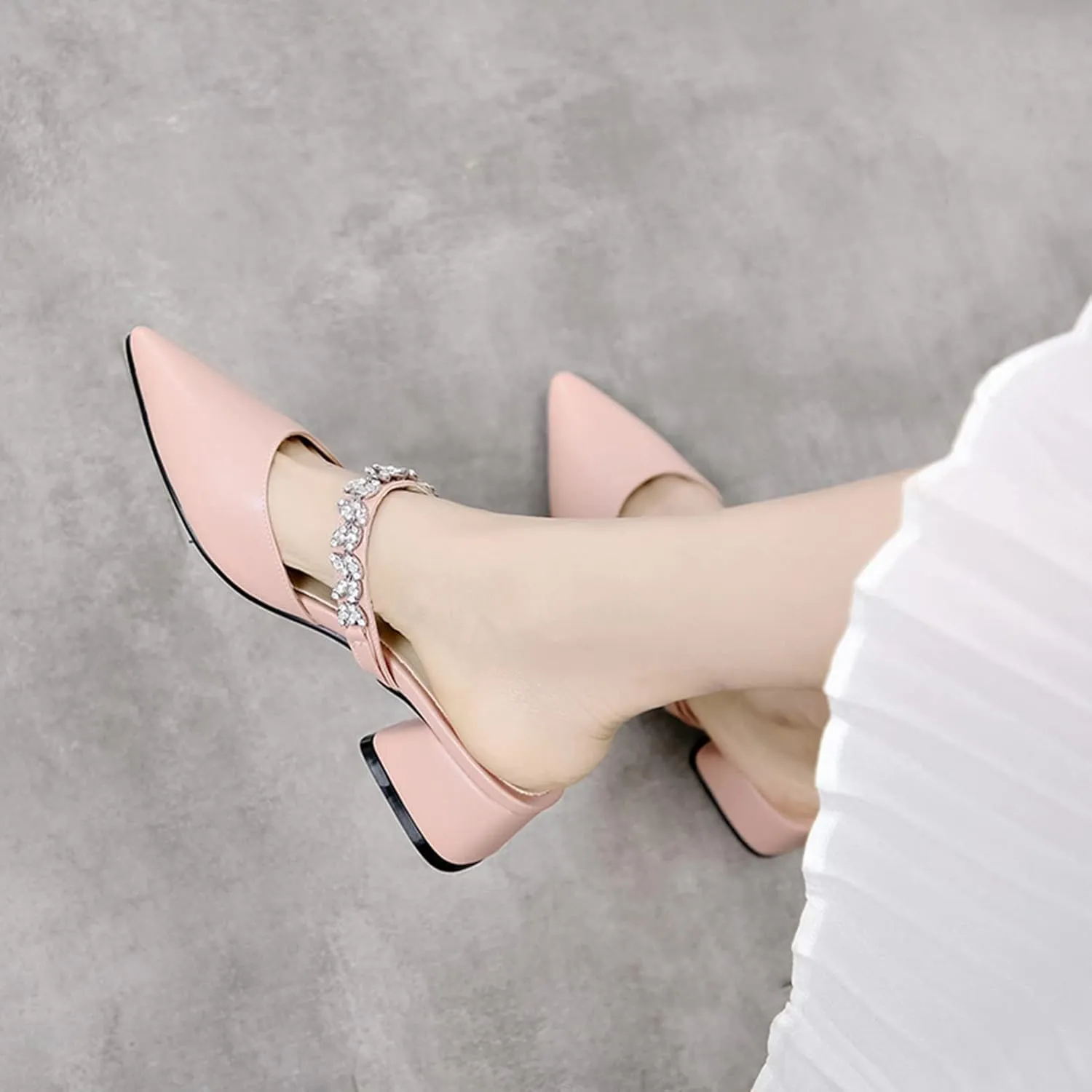 Women's Rhinestone Strap Mules Slide Sandals Pointed Toe Chunky Mid Heel Backless Dress Slipper Shoes