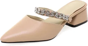 Women's Rhinestone Strap Mules Slide Sandals Pointed Toe Chunky Mid Heel Backless Dress Slipper Shoes