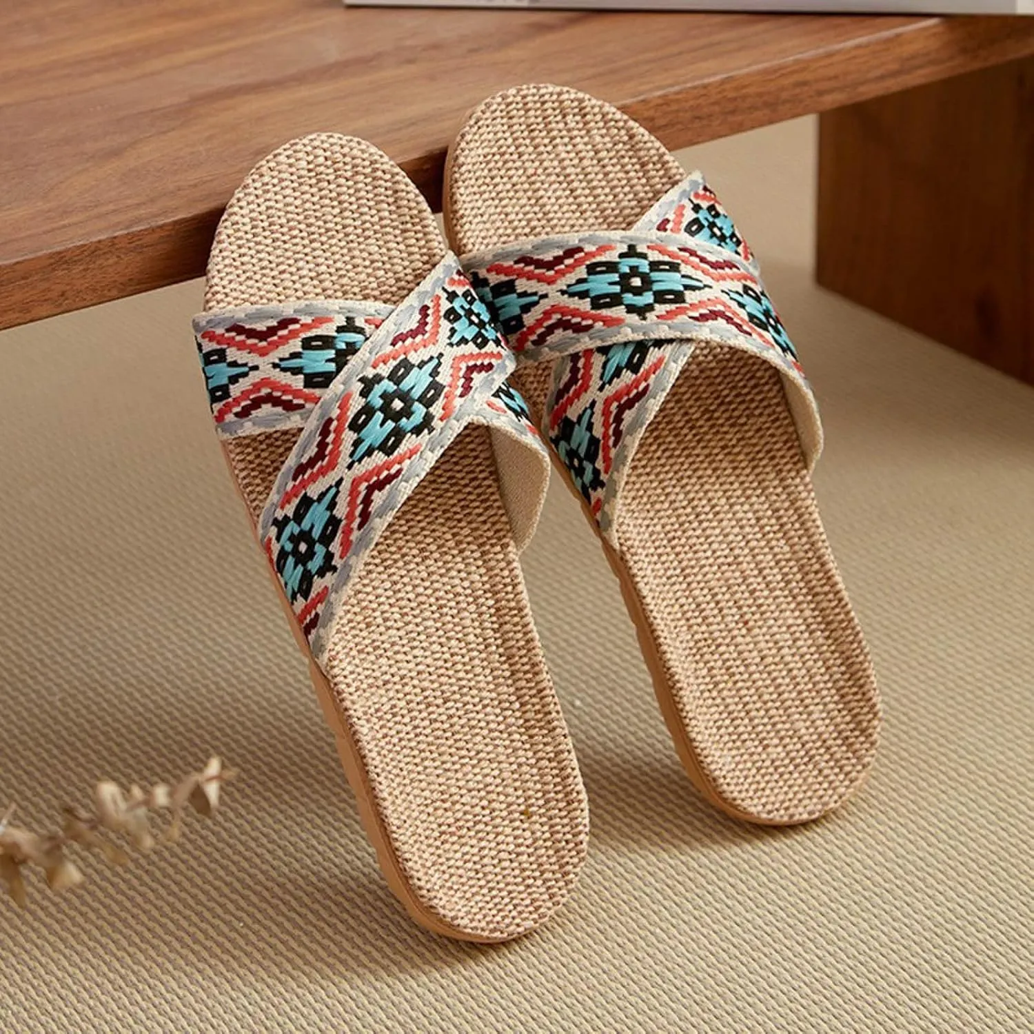 Women's Sandals Dressy Couple Retro Colour Blocking Printing Beach Outside Wear Home Cotton Linen Large Size Non Slip