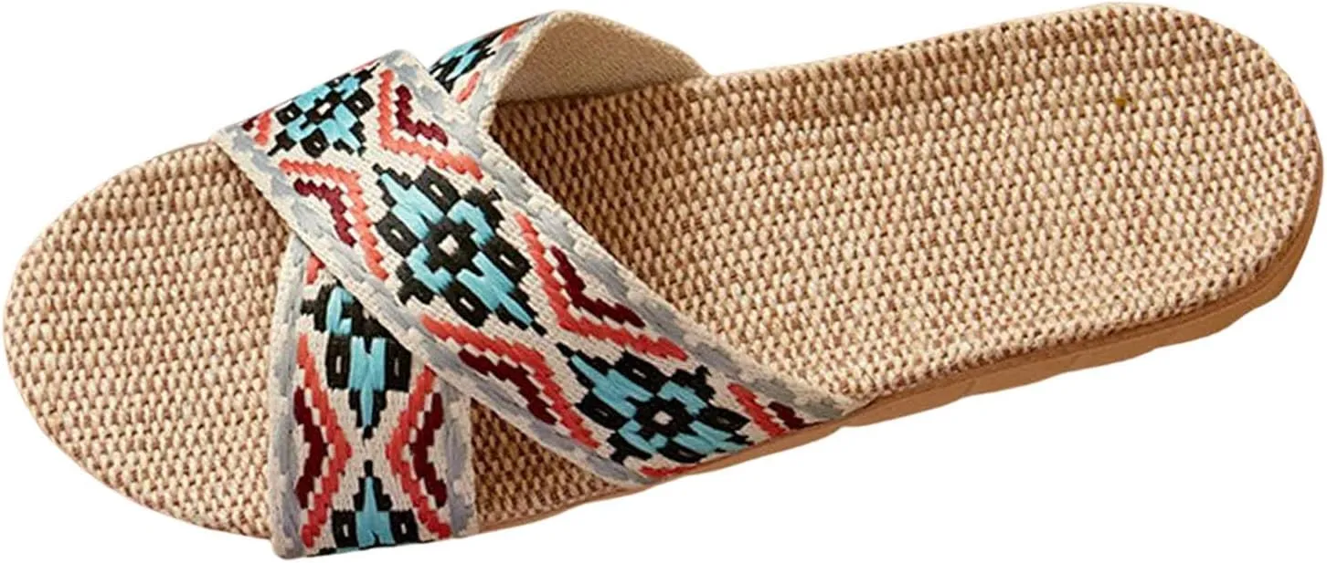 Women's Sandals Dressy Couple Retro Colour Blocking Printing Beach Outside Wear Home Cotton Linen Large Size Non Slip