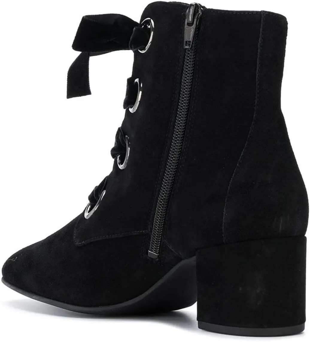 YDN Women Round Toe Combat Boots Lace Up Ankle Booties Block Low Heel Suede Side Zippers Easy Walking Shoes