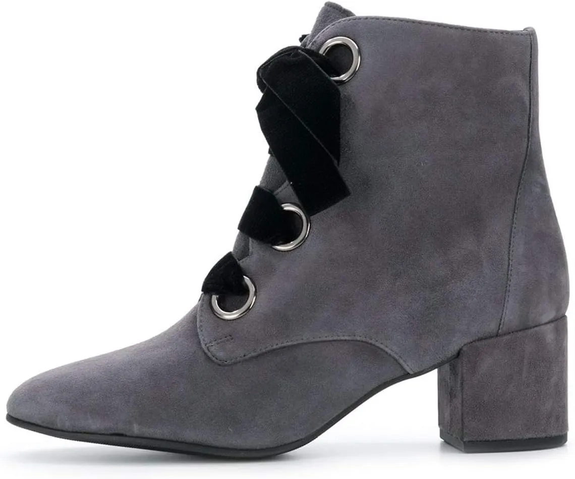 YDN Women Round Toe Combat Boots Lace Up Ankle Booties Block Low Heel Suede Side Zippers Easy Walking Shoes