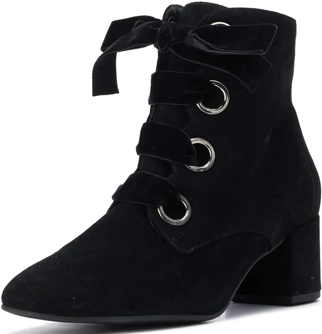 YDN Women Round Toe Combat Boots Lace Up Ankle Booties Block Low Heel Suede Side Zippers Easy Walking Shoes