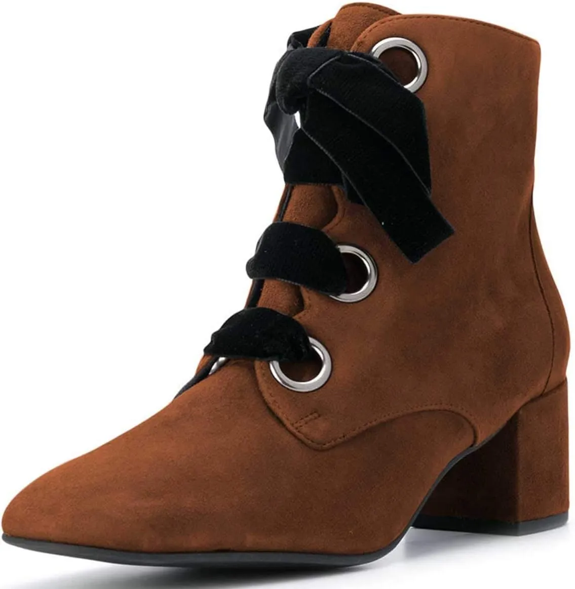 YDN Women Round Toe Combat Boots Lace Up Ankle Booties Block Low Heel Suede Side Zippers Easy Walking Shoes