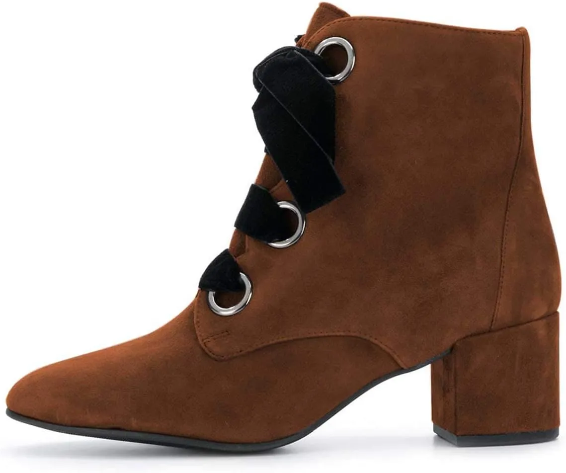 YDN Women Round Toe Combat Boots Lace Up Ankle Booties Block Low Heel Suede Side Zippers Easy Walking Shoes