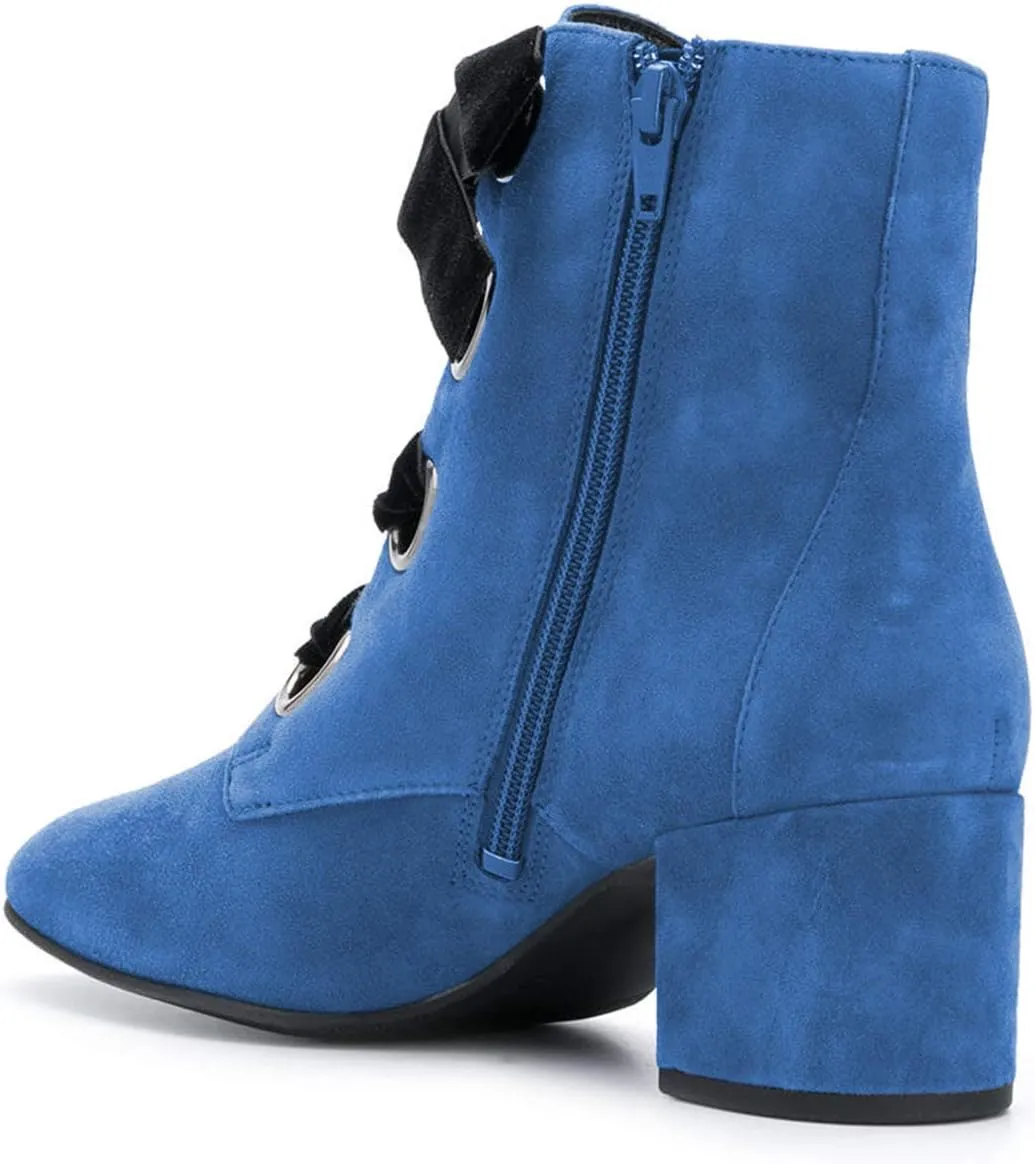 YDN Women Round Toe Combat Boots Lace Up Ankle Booties Block Low Heel Suede Side Zippers Easy Walking Shoes
