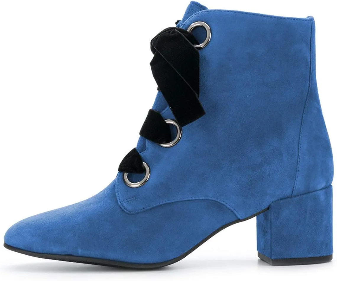 YDN Women Round Toe Combat Boots Lace Up Ankle Booties Block Low Heel Suede Side Zippers Easy Walking Shoes