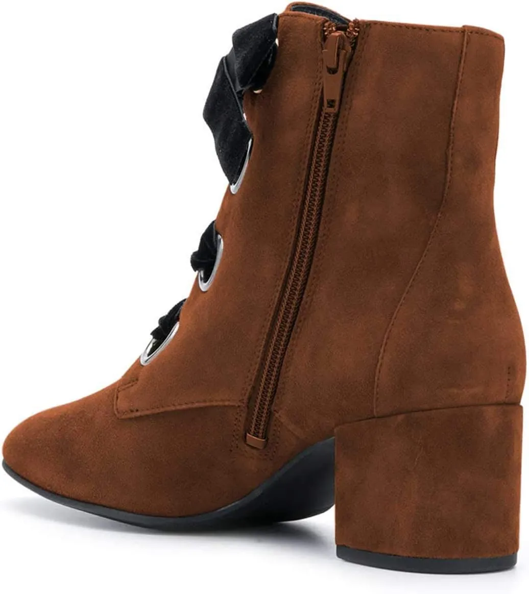 YDN Women Round Toe Combat Boots Lace Up Ankle Booties Block Low Heel Suede Side Zippers Easy Walking Shoes