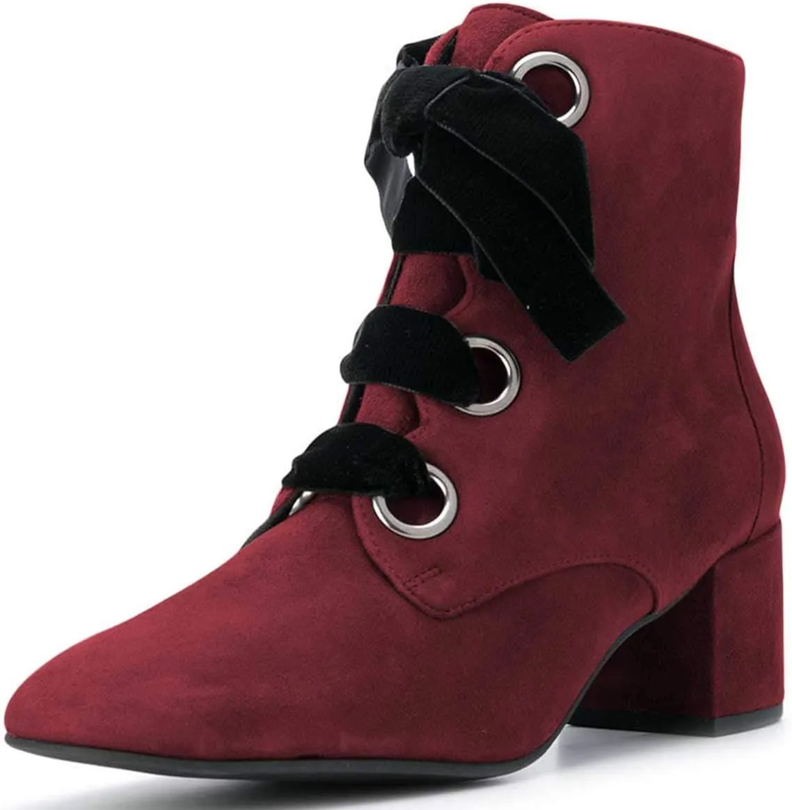 YDN Women Round Toe Combat Boots Lace Up Ankle Booties Block Low Heel Suede Side Zippers Easy Walking Shoes
