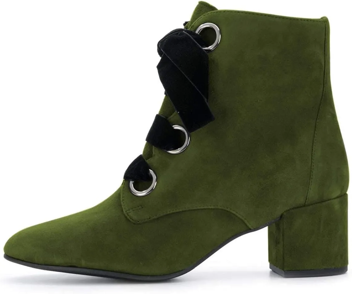 YDN Women Round Toe Combat Boots Lace Up Ankle Booties Block Low Heel Suede Side Zippers Easy Walking Shoes