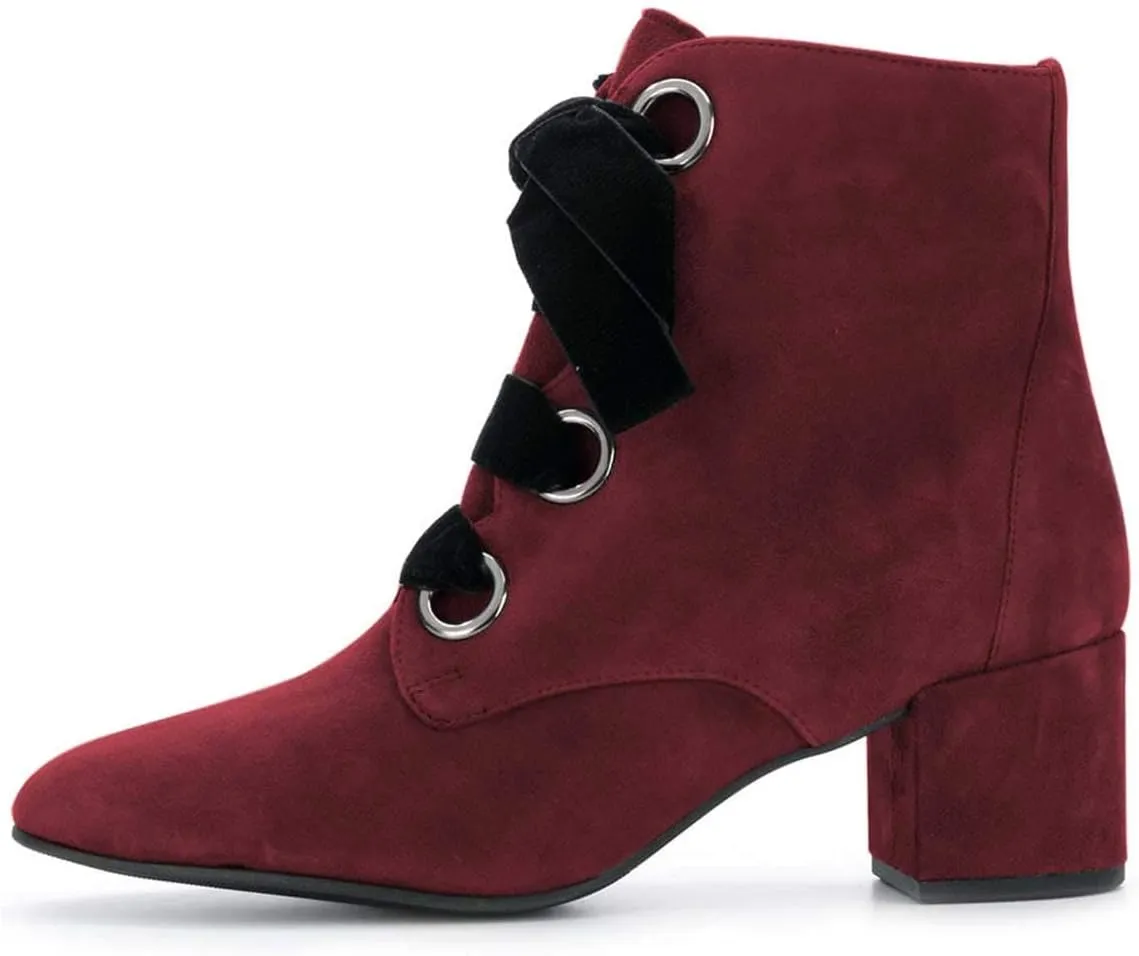 YDN Women Round Toe Combat Boots Lace Up Ankle Booties Block Low Heel Suede Side Zippers Easy Walking Shoes