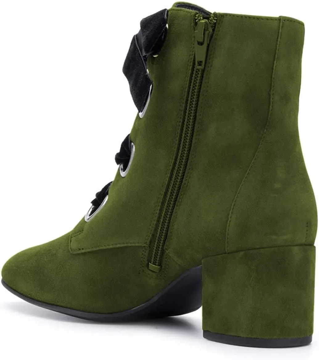 YDN Women Round Toe Combat Boots Lace Up Ankle Booties Block Low Heel Suede Side Zippers Easy Walking Shoes
