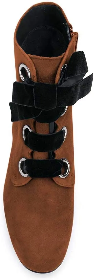 YDN Women Round Toe Combat Boots Lace Up Ankle Booties Block Low Heel Suede Side Zippers Easy Walking Shoes