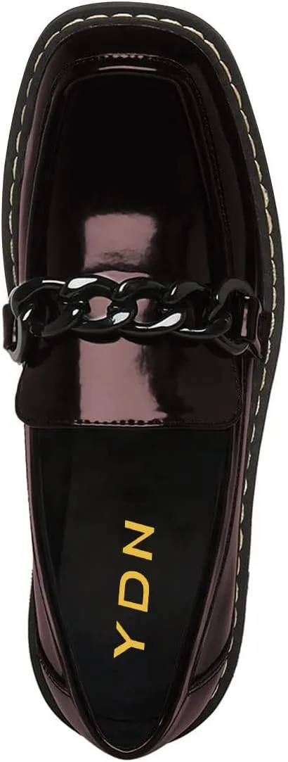 YDN Women Thick Platform Penny Loafers Round Toe Chunky Low Heel Pumps Chain Slip on Outdoor Walking Shoes Size 4-15 US
