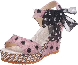 ZSpzx Women's Platform Wedges Sandals Peep Toe Backless Slingback Dressy Sandalias Ladies Fashion Dot Lace-up Bow Cushioned Footbed Shoes Dress Footwear for Wedding Bridal Evening Cocktail