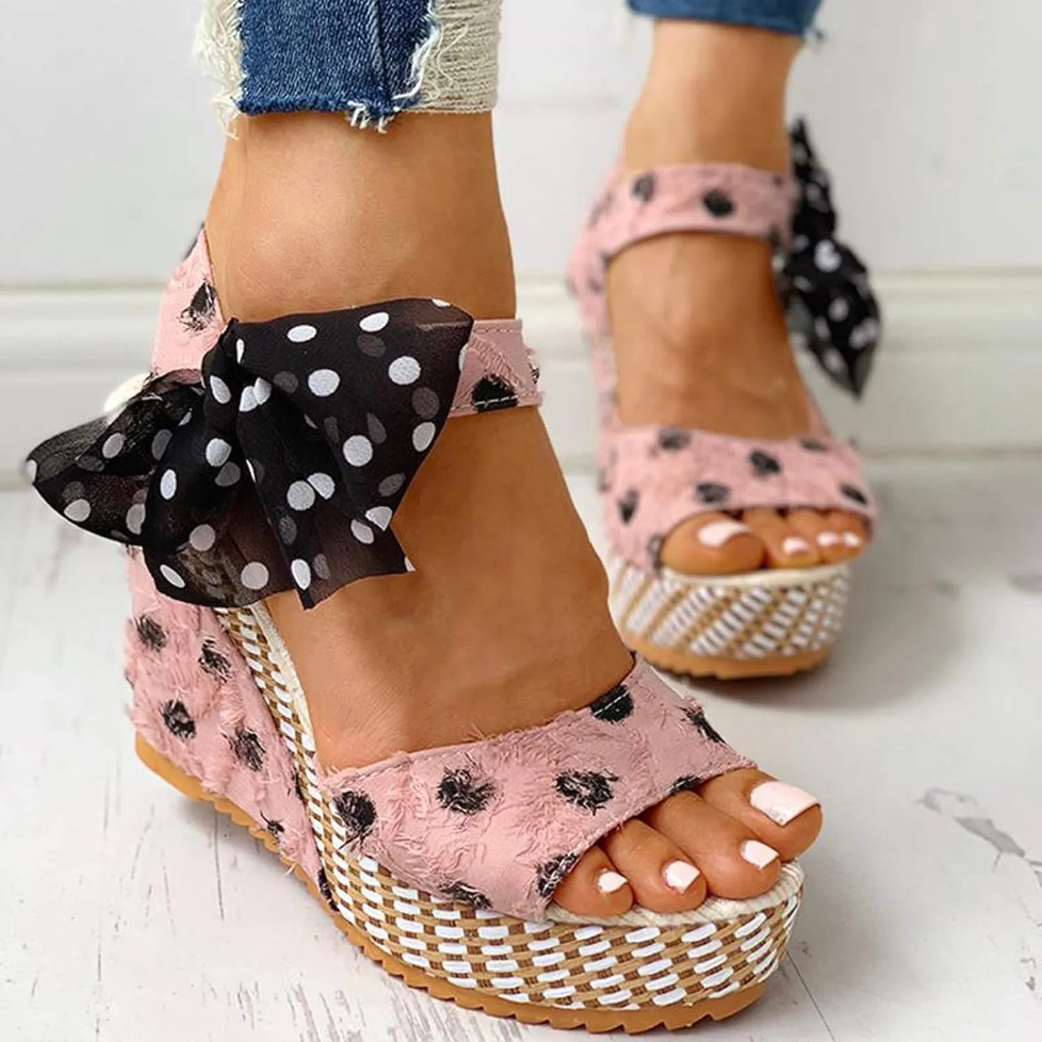 ZSpzx Women's Platform Wedges Sandals Peep Toe Backless Slingback Dressy Sandalias Ladies Fashion Dot Lace-up Bow Cushioned Footbed Shoes Dress Footwear for Wedding Bridal Evening Cocktail
