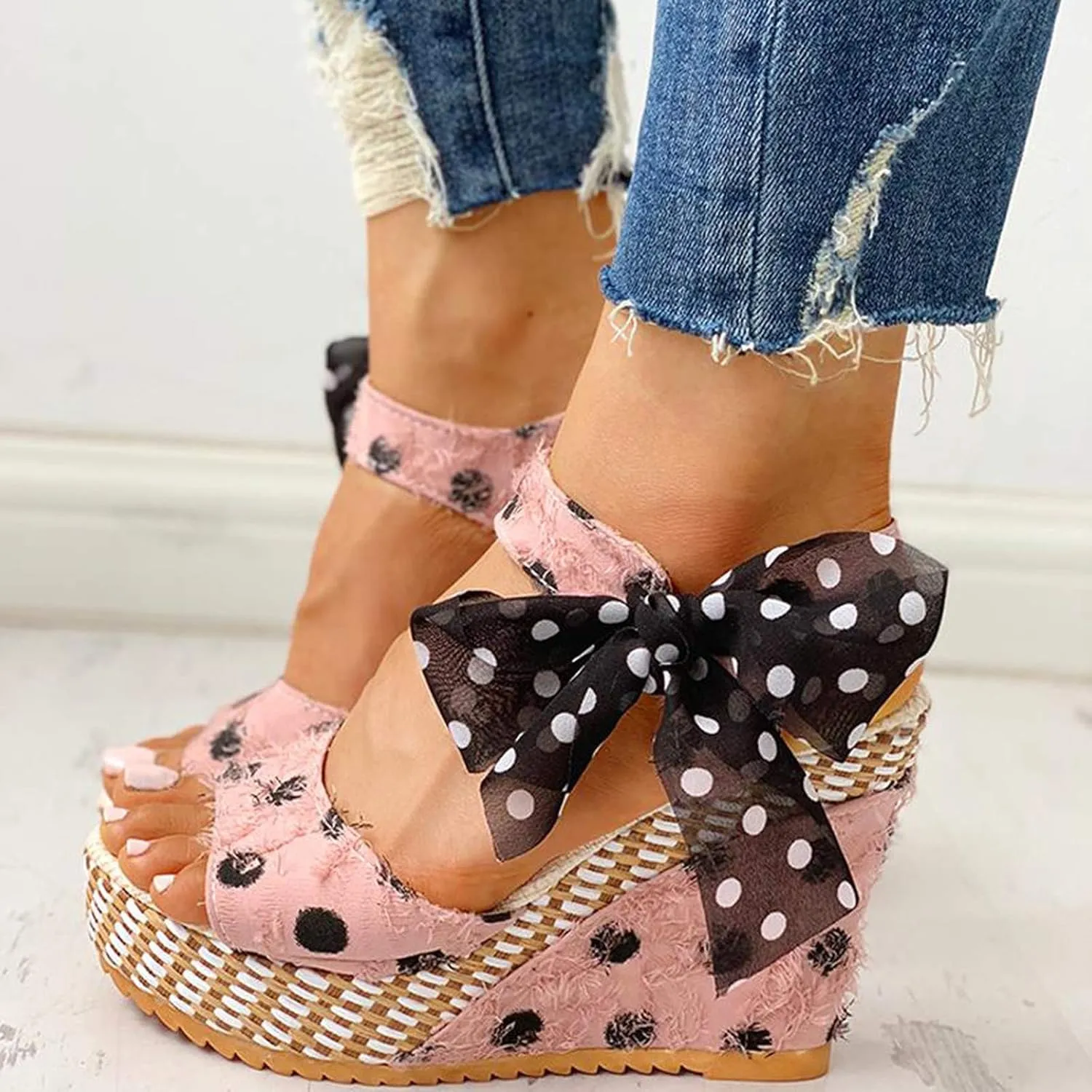 ZSpzx Women's Platform Wedges Sandals Peep Toe Backless Slingback Dressy Sandalias Ladies Fashion Dot Lace-up Bow Cushioned Footbed Shoes Dress Footwear for Wedding Bridal Evening Cocktail